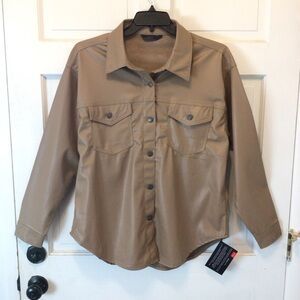 Excuse Womens Tan Faux Leather Lightweight Layering Button Up Jacket Top Large